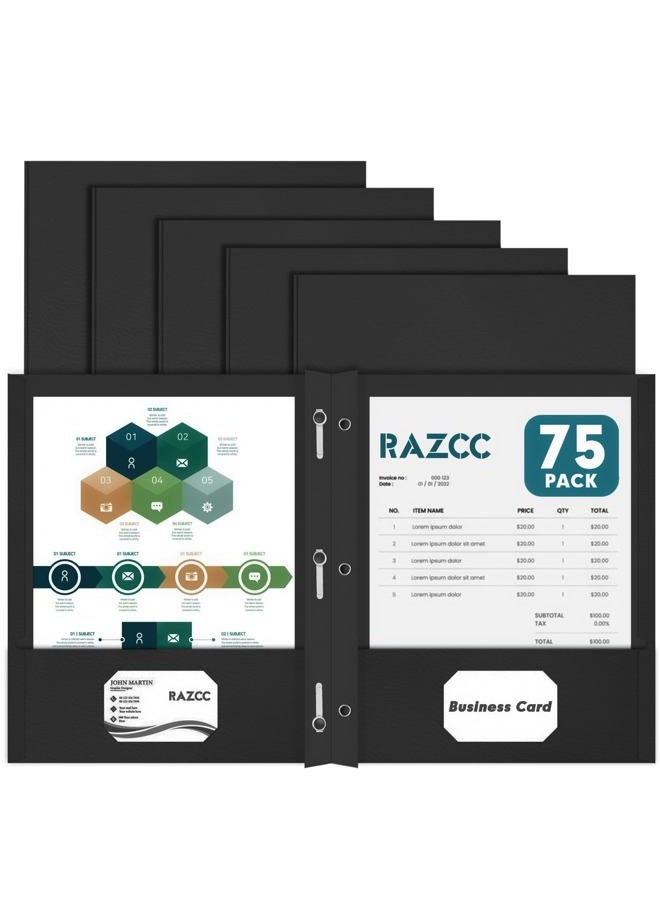 RAZCC Two Pocket Folders, 75 Pack Two Pocket Folders with Prongs, 3 Prong Folders Fit Letter Size Paper, Pocket File Folders for School Office Home Business, Black - Image 1
