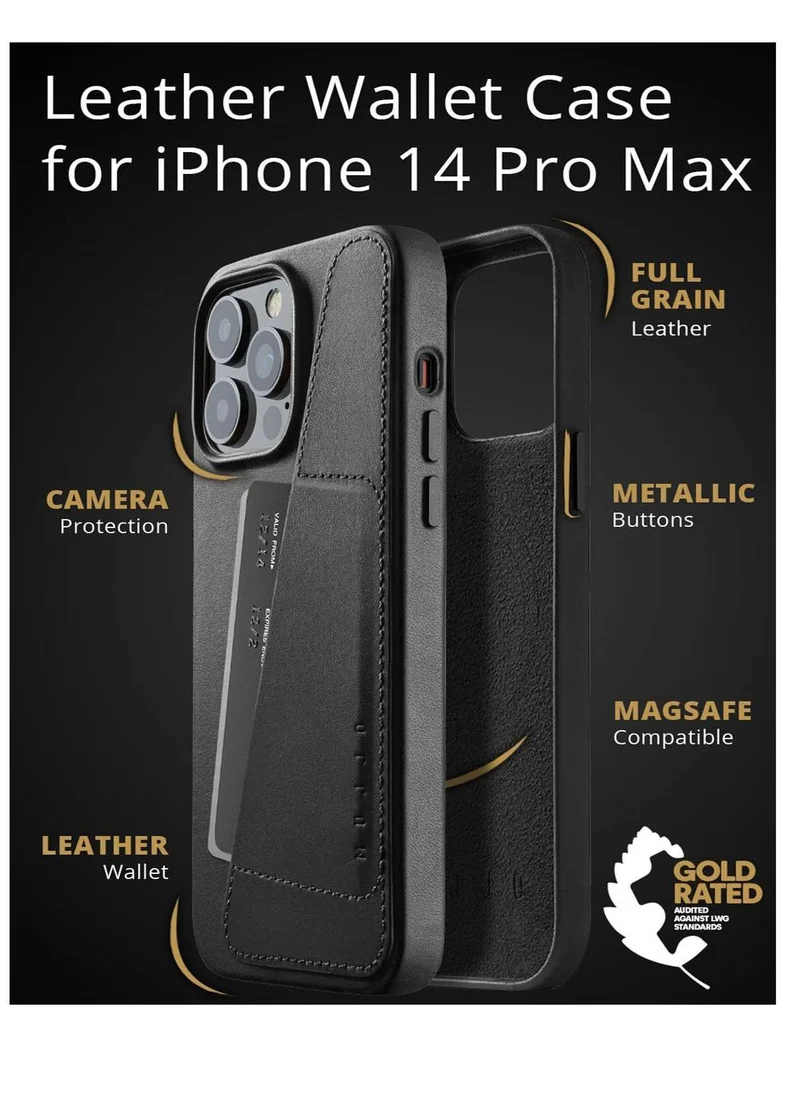 Mujjo Mujjo Leather Wallet Case with Card Holder for iPhone 14 Pro Max MagSafe Compatible Ecco Leather Japanese Microfibre Interior Advanced Protection Black