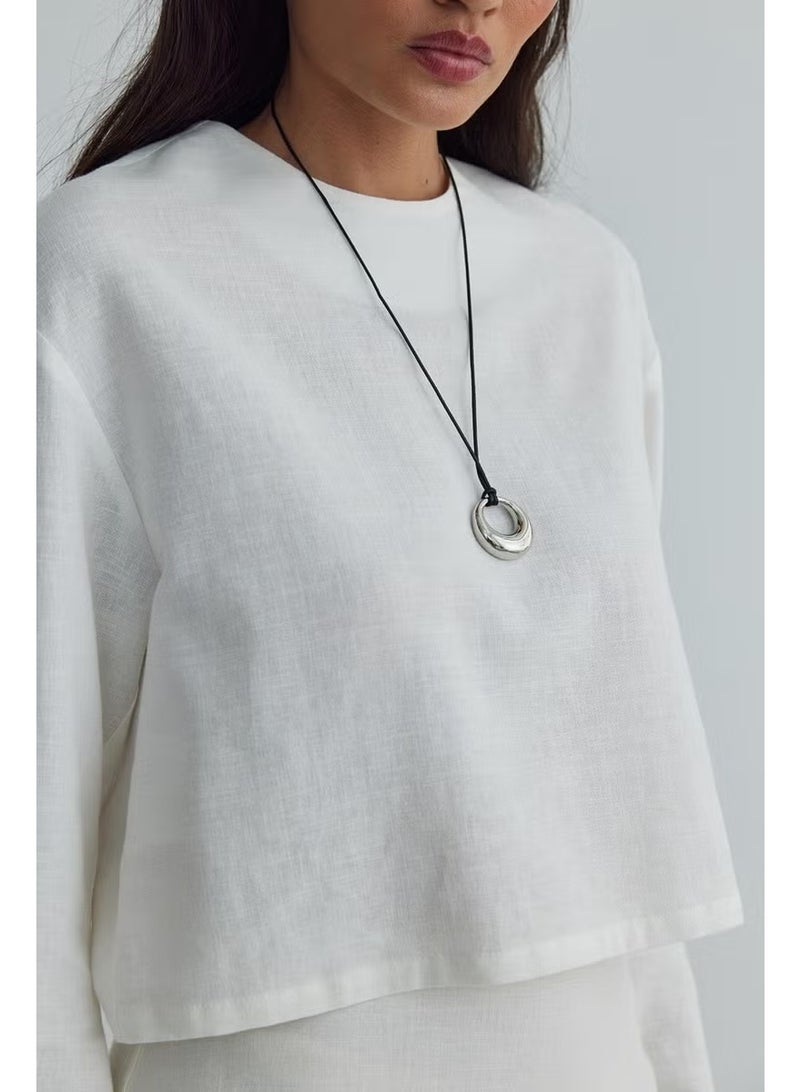Suud Collection White Mussel Crop Linen Blouse - Image 2