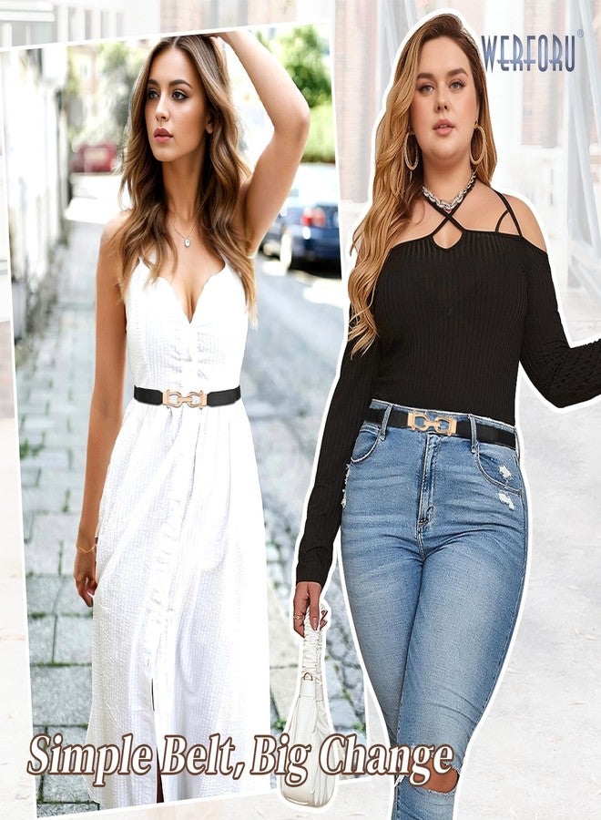 وير فور يو مجموعة من 3 أحزمة خصر مطاطية رفيعة للنساء من WERFORU، مزودة بإبزيم ذهبي، حزام رفيع قابل للتمدد مناسب للفساتين والجينز، أسود + بني + بيج - Image 2