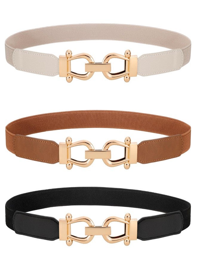 وير فور يو مجموعة من 3 أحزمة خصر مطاطية رفيعة للنساء من WERFORU، مزودة بإبزيم ذهبي، حزام رفيع قابل للتمدد مناسب للفساتين والجينز، أسود + بني + بيج - Image 1