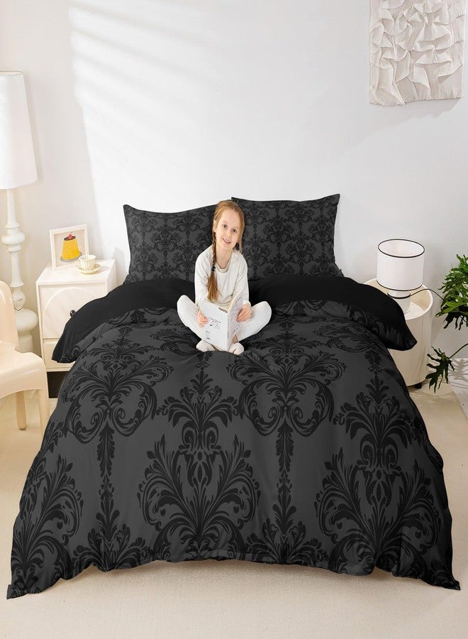 Man Fei Manfei Black Damask Duvet Cover Set King Size, Gothic Vintage Damask Floral Bedding Set 3pcs, Antique Victorian Baroque Quilt Cover, Man Woman Adults Room Decor, 2 Pillowcases, No Comforter - Image 3