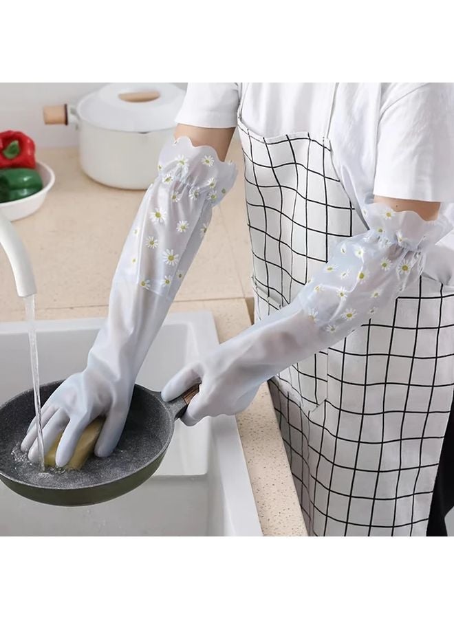 Long Household White Dishwashing Gloves L Heavy Duty Non Slip Waterproof Floral - Image 2
