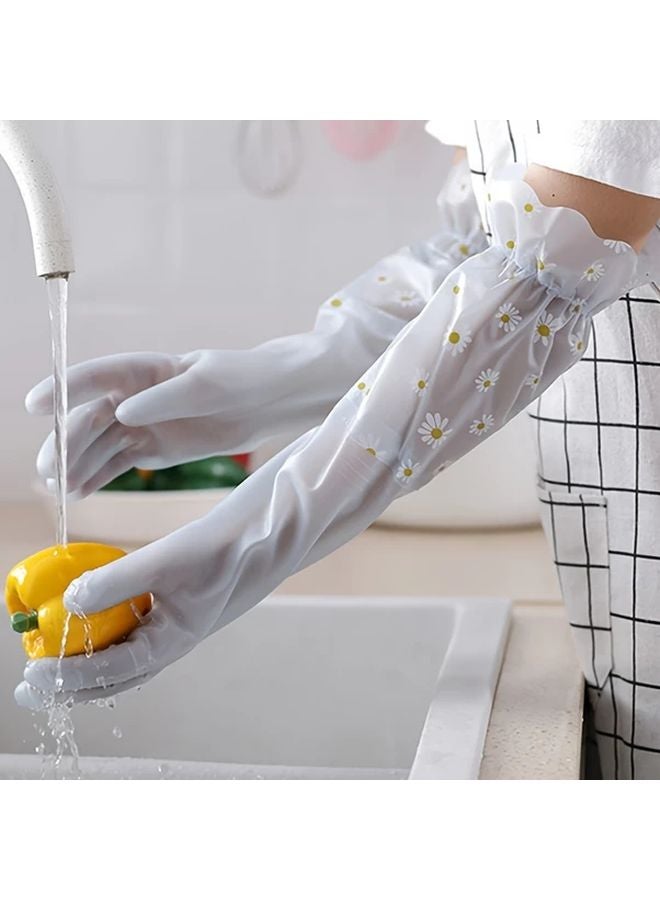 Long Household White Dishwashing Gloves L Heavy Duty Non Slip Waterproof Floral - Image 3