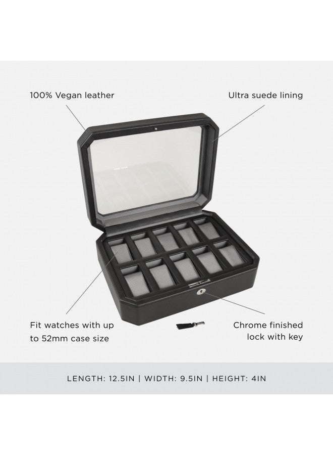 Wolf Designs WOLF Windsor 10-Piece Watch Box, Black - Features 10 Watch Compartments & Vegan Leather Exterior - Image 3