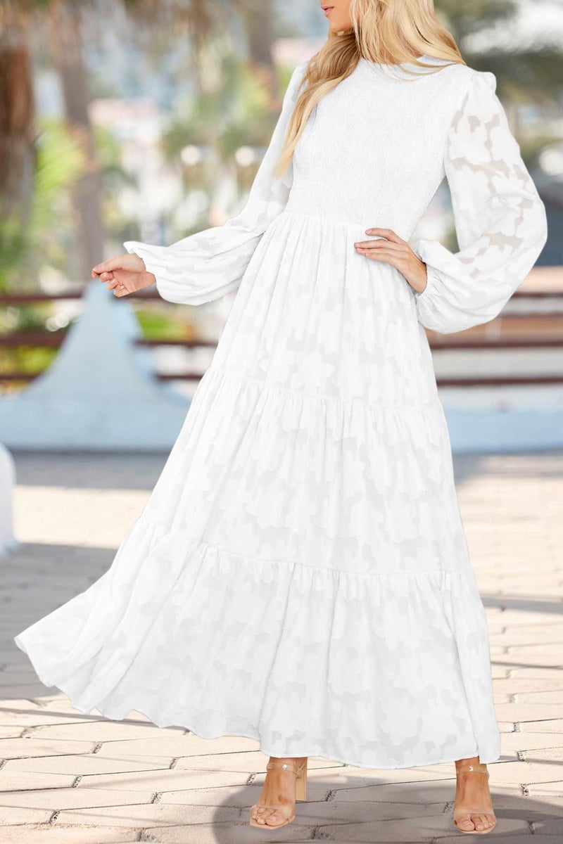 MITILLY Women's Elegant Floral Long Sleeve Round Neck Smocked A-Line Flowy Tiered Maxi Dresses with Pockets Small White - Image 2