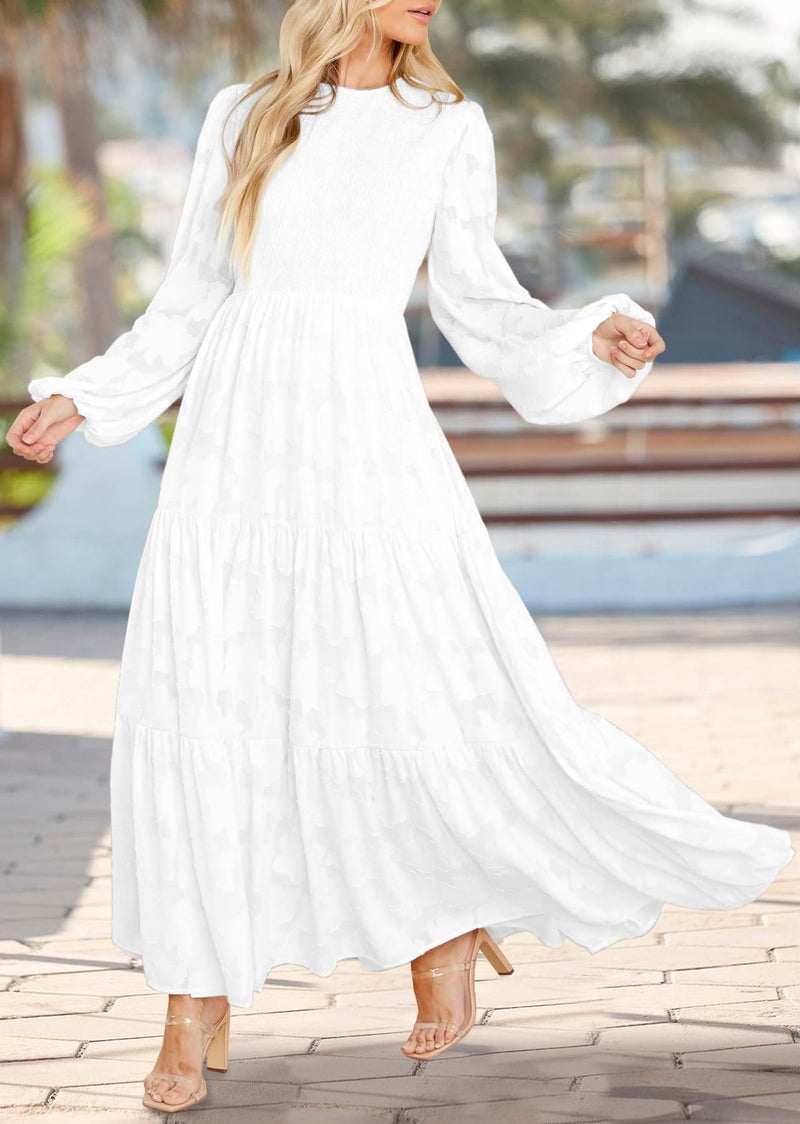 MITILLY Women's Elegant Floral Long Sleeve Round Neck Smocked A-Line Flowy Tiered Maxi Dresses with Pockets Small White - Image 4