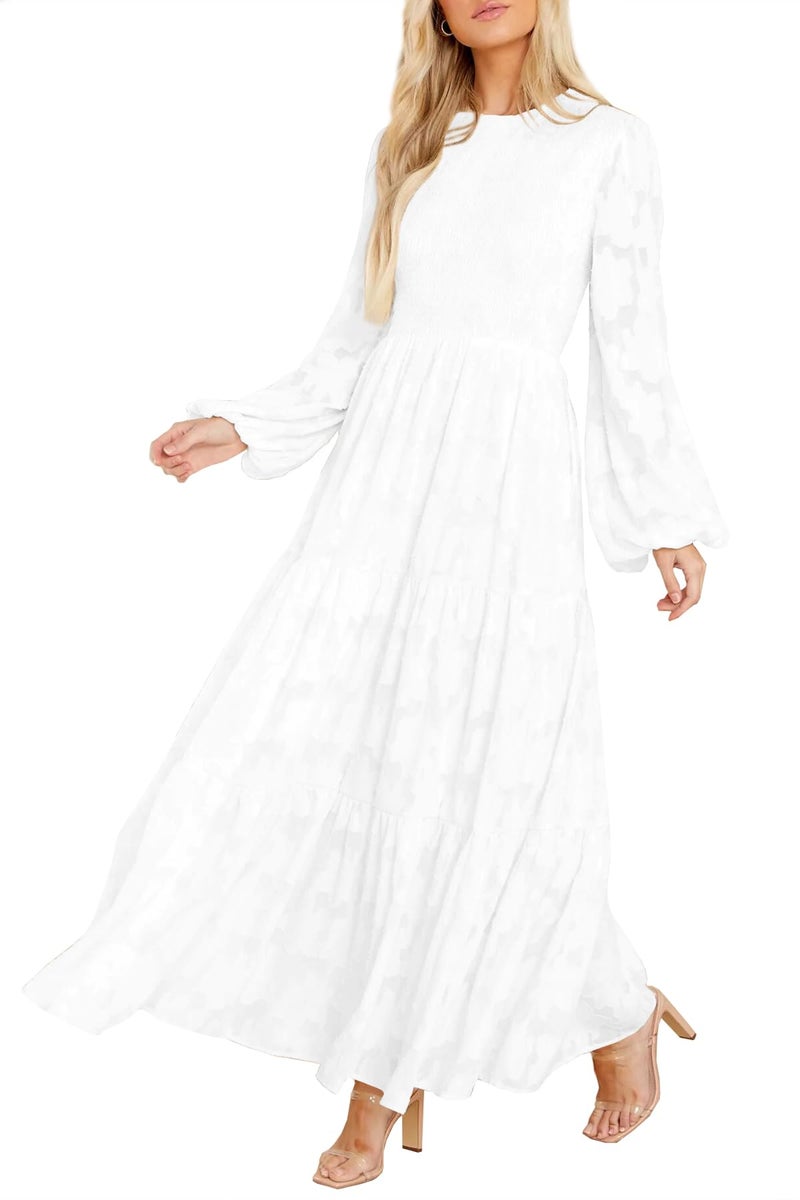 MITILLY Women's Elegant Floral Long Sleeve Round Neck Smocked A-Line Flowy Tiered Maxi Dresses with Pockets Small White - Image 1