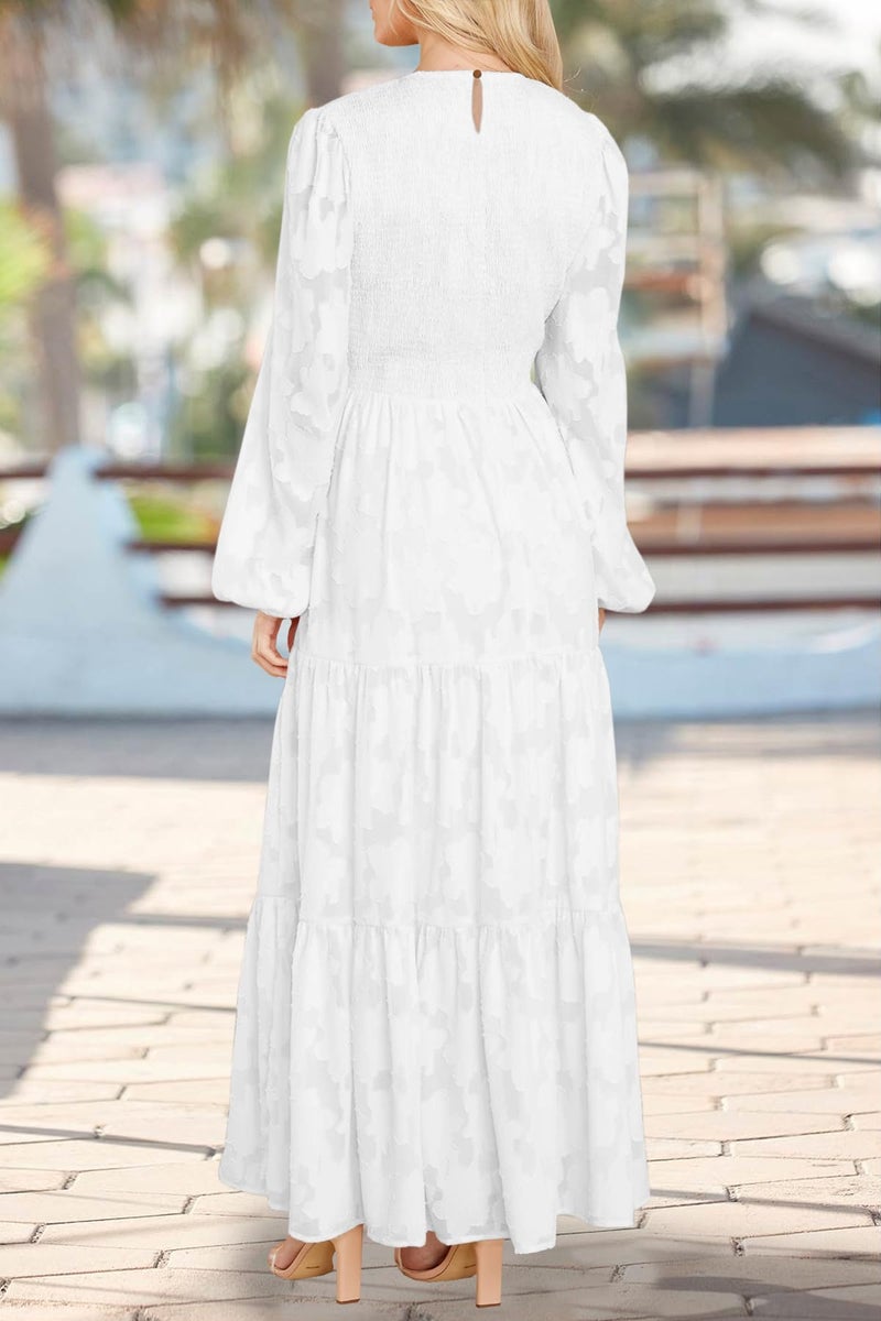 MITILLY Women's Elegant Floral Long Sleeve Round Neck Smocked A-Line Flowy Tiered Maxi Dresses with Pockets Small White - Image 3