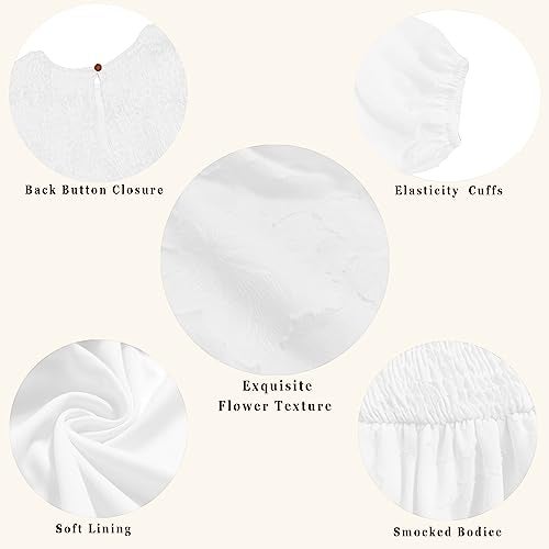 MITILLY Women's Elegant Floral Long Sleeve Round Neck Smocked A-Line Flowy Tiered Maxi Dresses with Pockets Small White - Image 5