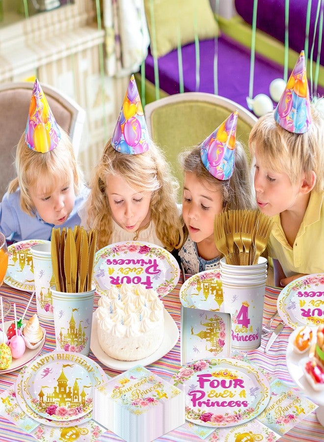 Cextoga Four Ever A Princess Birthday Decorations,144pcs Princess Plates and Napkins Cups Watercolor Pastel Fourever A princess Birthday Decorations Girl Tableware for Girls 4th Birth Day Party,Serves 24 - Image 4