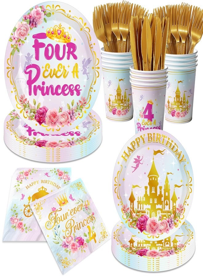 Cextoga Four Ever A Princess Birthday Decorations,144pcs Princess Plates and Napkins Cups Watercolor Pastel Fourever A princess Birthday Decorations Girl Tableware for Girls 4th Birth Day Party,Serves 24 - Image 1
