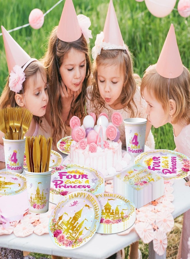 Cextoga Four Ever A Princess Birthday Decorations,144pcs Princess Plates and Napkins Cups Watercolor Pastel Fourever A princess Birthday Decorations Girl Tableware for Girls 4th Birth Day Party,Serves 24 - Image 3