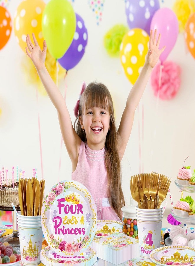 Cextoga Four Ever A Princess Birthday Decorations,144pcs Princess Plates and Napkins Cups Watercolor Pastel Fourever A princess Birthday Decorations Girl Tableware for Girls 4th Birth Day Party,Serves 24 - Image 2