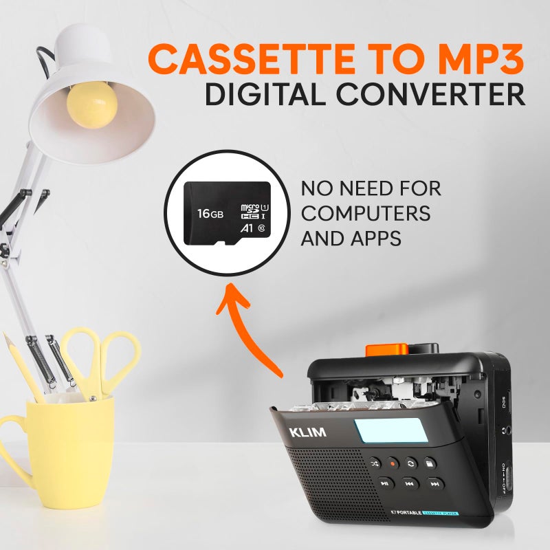 KLIM K7 Cassette Tape Player - Cassette to MP3 Converter - Portable - Built-in Microphone & Speaker - Rechargeable Battery - Earphones - 16GB SD Card - Black-Orange - Image 3