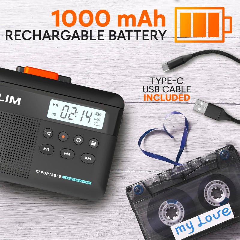 KLIM K7 Cassette Tape Player - Cassette to MP3 Converter - Portable - Built-in Microphone & Speaker - Rechargeable Battery - Earphones - 16GB SD Card - Black-Orange - Image 5
