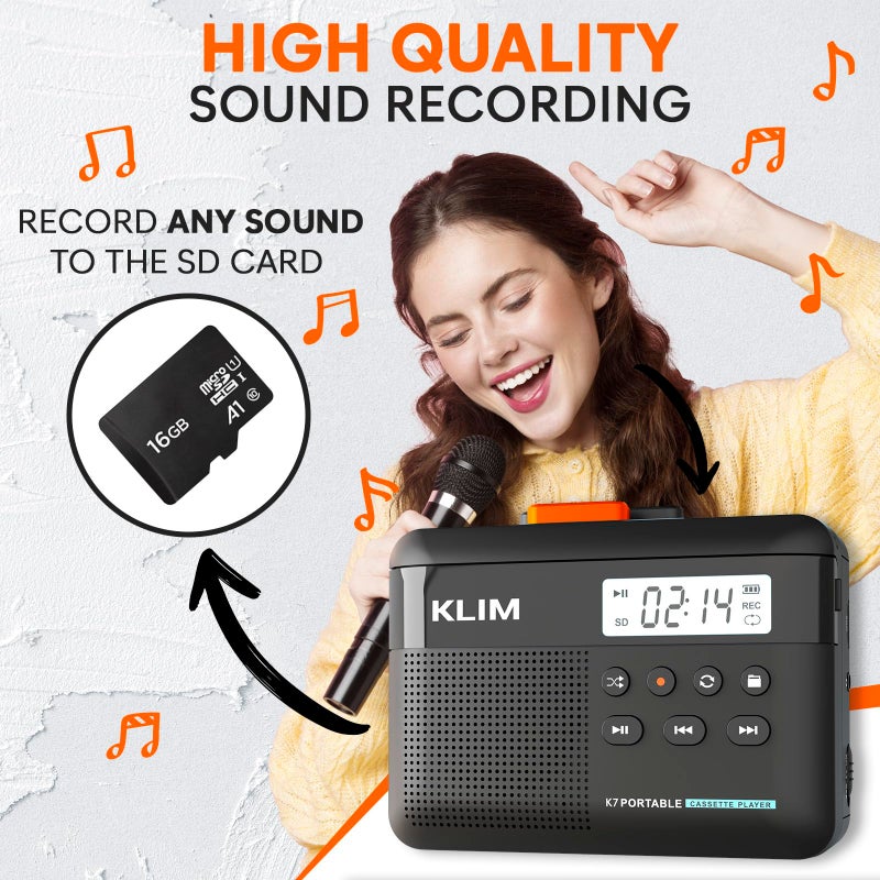 KLIM K7 Cassette Tape Player - Cassette to MP3 Converter - Portable - Built-in Microphone & Speaker - Rechargeable Battery - Earphones - 16GB SD Card - Black-Orange - Image 4