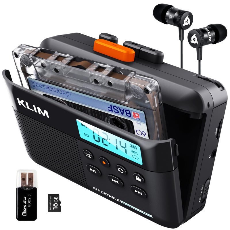 KLIM K7 Cassette Tape Player - Cassette to MP3 Converter - Portable - Built-in Microphone & Speaker - Rechargeable Battery - Earphones - 16GB SD Card - Black-Orange - Image 1
