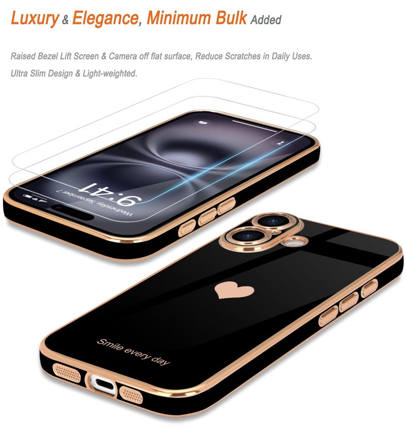 Teageo for iPhone 17 Case with Screen Protector [2 Pack] Girl Women Cute Girly Love-Heart Luxury Gold Soft Cover Camera Protection Silicone Shockproof Phone Case for iPhone 17, Black - Image 3