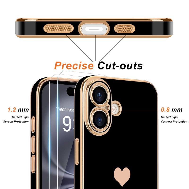 Teageo for iPhone 17 Case with Screen Protector [2 Pack] Girl Women Cute Girly Love-Heart Luxury Gold Soft Cover Camera Protection Silicone Shockproof Phone Case for iPhone 17, Black - Image 2