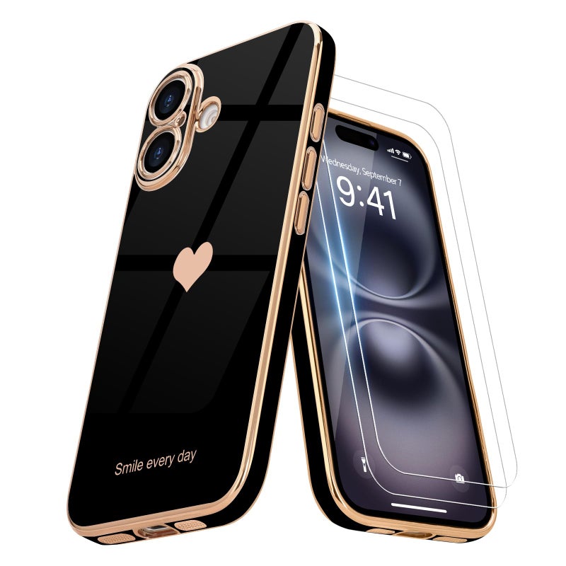 Teageo for iPhone 17 Case with Screen Protector [2 Pack] Girl Women Cute Girly Love-Heart Luxury Gold Soft Cover Camera Protection Silicone Shockproof Phone Case for iPhone 17, Black - Image 1