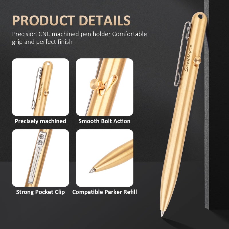 SMOOTHERPRO Solid Brass Bolt Action Pen Compatible Parker Refill with Pocket Stainless Steel Clip for Tremor Parkinson Arthritic Gift Business Collection (SP02N) - Image 2