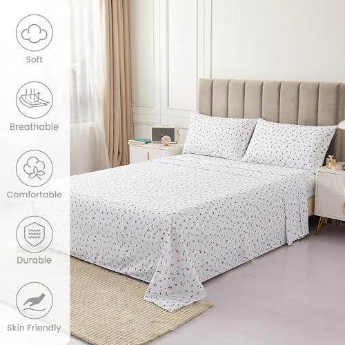 Mooreeke Queen Sheets Set - 4 Pieces Soft Breathable Microfiber Bed Sheet Set - Pink Flower Green Leaf Pattern Sheet Set - Deep Pocket Non-Slip Floral Printed Fitted Sheet Included for All Season - Image 3