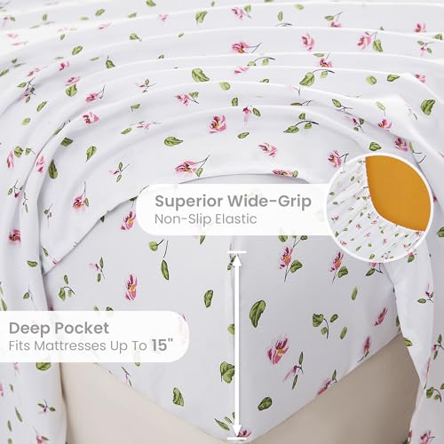 Mooreeke Queen Sheets Set - 4 Pieces Soft Breathable Microfiber Bed Sheet Set - Pink Flower Green Leaf Pattern Sheet Set - Deep Pocket Non-Slip Floral Printed Fitted Sheet Included for All Season - Image 5