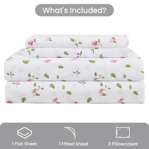 Mooreeke Queen Sheets Set - 4 Pieces Soft Breathable Microfiber Bed Sheet Set - Pink Flower Green Leaf Pattern Sheet Set - Deep Pocket Non-Slip Floral Printed Fitted Sheet Included for All Season - Image 2