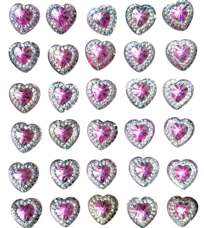 40 Self Adhesive Heart Acrylic Crystals Surrounded by Cut Crystals Approx 1cm Pink