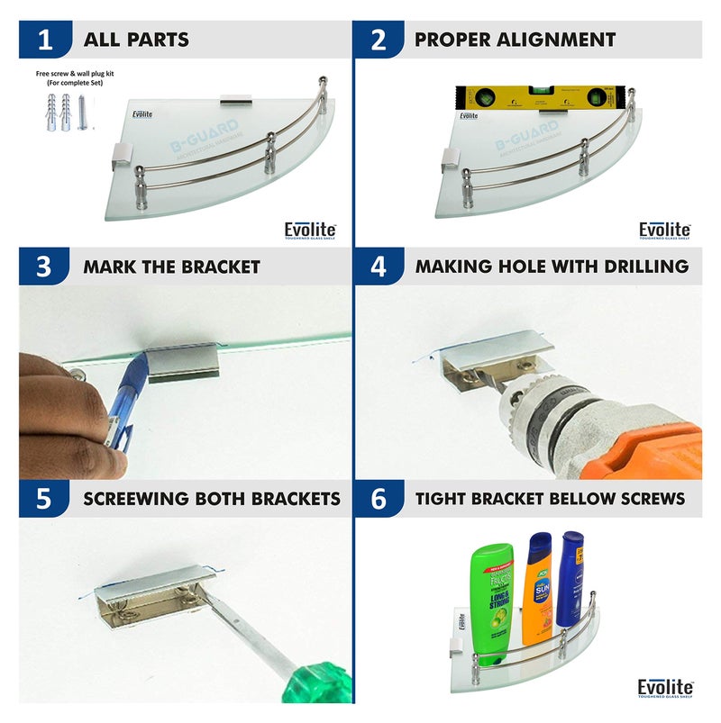 Evolite Tempered glass shelf for wal Living Room Corner and Rectangle Stand for Bathroom Racks & Shelves, Storage Shelf Wall Mounted Corner with Fitted Brackets(12x12 inch)(Pack of 3) - Image 4