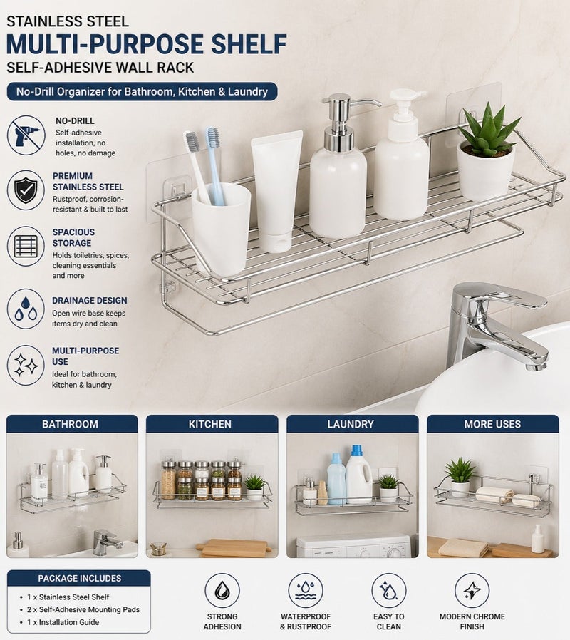 Dunekart Stainless Steel Multi-Purpose Kitchen &  Bathroom Shelf – Self-Adhesive Wall Rack, Chrome Finish, No-Drill Organizer for Bathroom, Kitchen & Laundry - Image 5