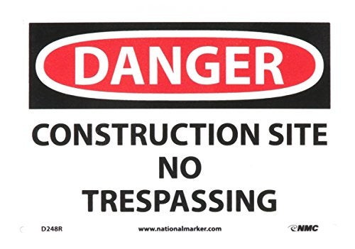 NMC D248R DANGER - CONSTRUCTION SITE NO TRESPASSING Sign - 10 in. x 7 in. Rigid Plastic, Danger Signage, Black/White Text on White/Red Base, 7 x 10 - Image 2