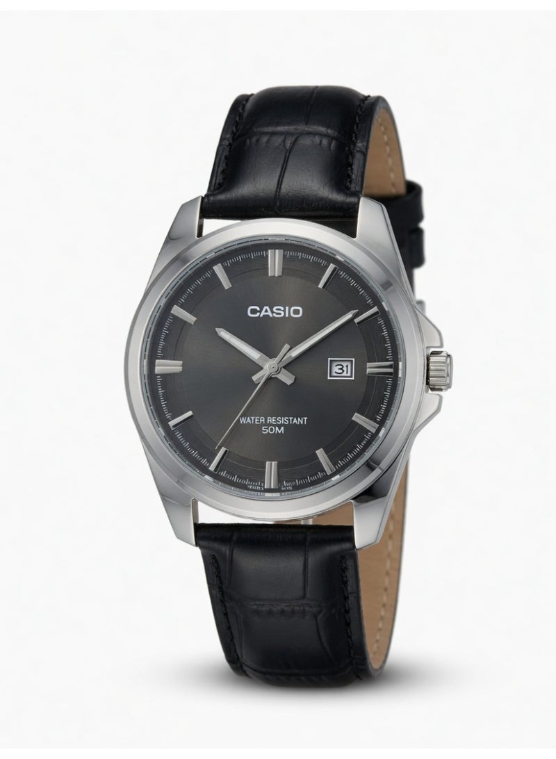 Casio Men's Analog Watch with Black Dial and Black Leather Strap - 50m Water Resistant