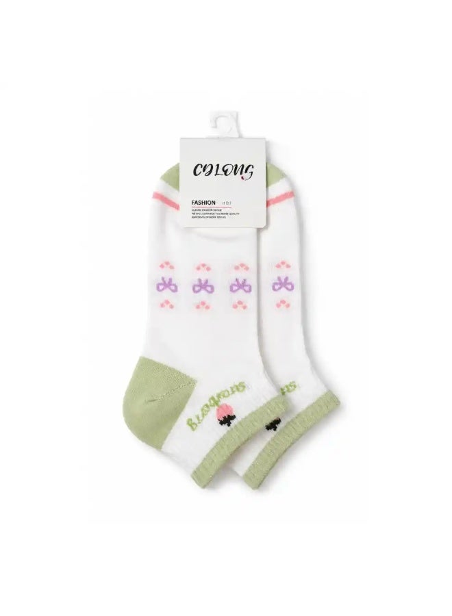 CDLONG Womenâ€™s Ankle  Socks â€“ White/Green â€“ 1 Pair
