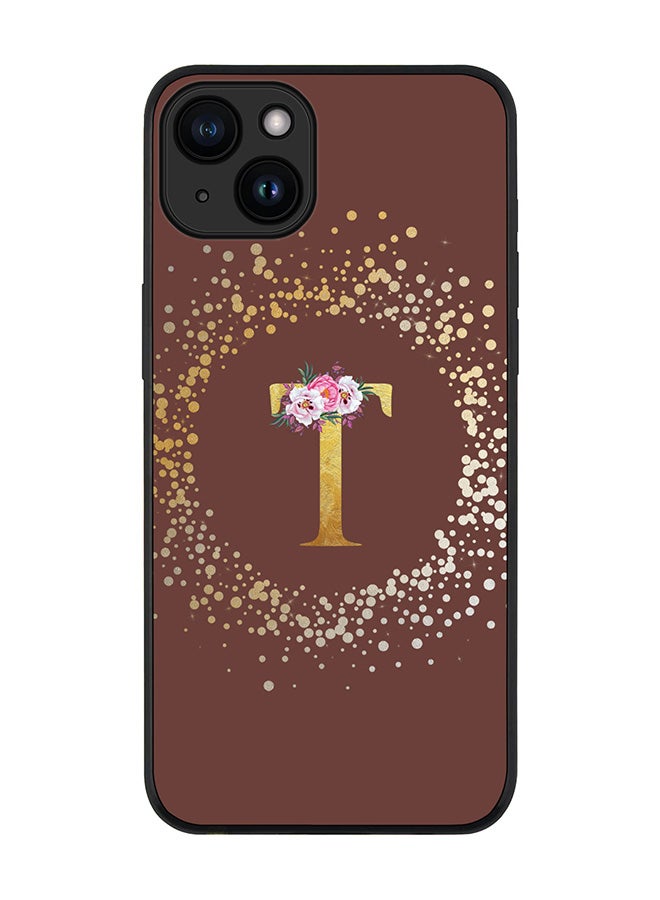 Stylizedd Cover for iPhone 15 Case Rugged Black Slim fit Flexible Protective Phone CasesCustom Monogram Initial Letter Floral Pattern Alphabet - T (Brown) - Image 1