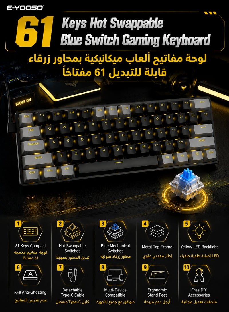 E-YOOSO Z11 60% Wired Mechanical Gaming Keyboard with Blue Switches, Hot-Swappable Keyboard Gaming With LED Yellow Backlit, Anti-ghosting, Ultra-Compact Mechanical Keyboard for PS4/5, Windows, Mac OS (Black Grey) - Image 1