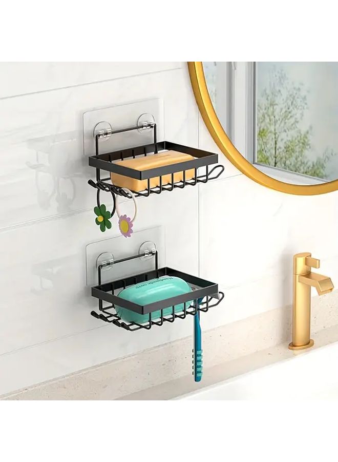 Black Drain Soap Rack Wall Mounted With Hooks 1pc - Image 2