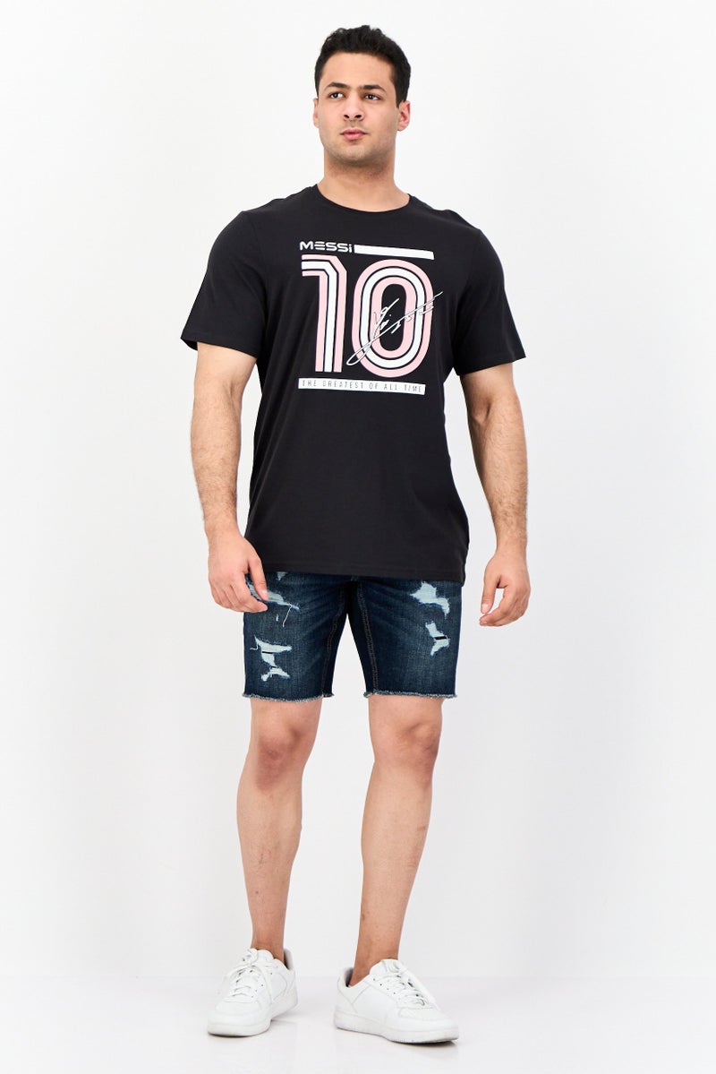 MESSI Men Round Neck Short Sleeves Graphic Print T-shirt, Black - Image 4