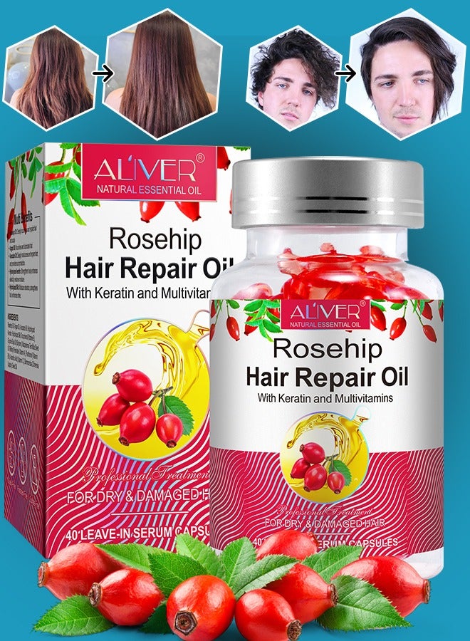 ALIVER 40 Pcs Rosehip Hair Repair Oil Capsules Organic Rosehip Seed Oil with Keratin & Multivitamins Rosehip Hair Repair Oil Shines Nourishing Repair Dry & Damaged Hair Treatment Leave-In Serum - Image 1