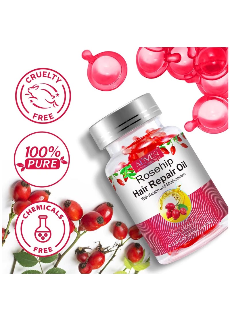 ALIVER 40 Pcs Rosehip Hair Repair Oil Capsules Organic Rosehip Seed Oil with Keratin & Multivitamins Rosehip Hair Repair Oil Shines Nourishing Repair Dry & Damaged Hair Treatment Leave-In Serum - Image 3