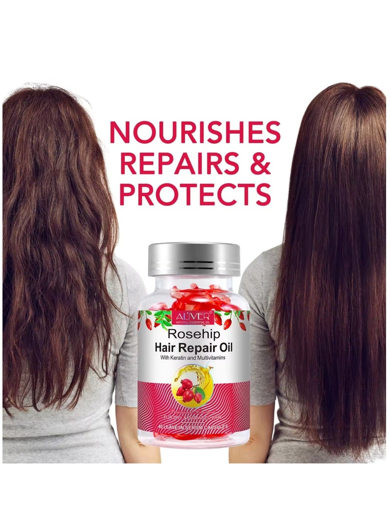 ALIVER 40 Pcs Rosehip Hair Repair Oil Capsules Organic Rosehip Seed Oil with Keratin & Multivitamins Rosehip Hair Repair Oil Shines Nourishing Repair Dry & Damaged Hair Treatment Leave-In Serum - Image 2