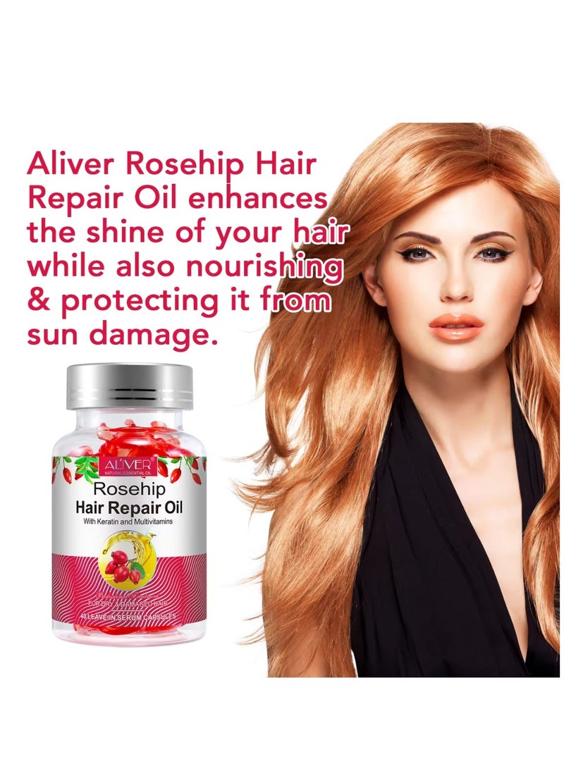 ALIVER 40 Pcs Rosehip Hair Repair Oil Capsules Organic Rosehip Seed Oil with Keratin & Multivitamins Rosehip Hair Repair Oil Shines Nourishing Repair Dry & Damaged Hair Treatment Leave-In Serum - Image 4