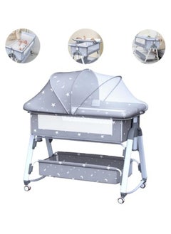 Baby Bassinet Bedside Sleeper with Mosquito Net and Storage Basket, 4 in 1 Baby Bedside Crib, Adjustable Height Rocking Bassinet, Movable Newborn Nursery Center for Newborns