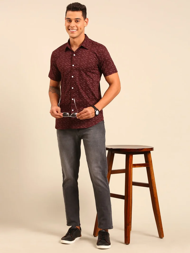 Joven  Maroon Printed Cotton Shirt for Men for Men | Best Price UAE