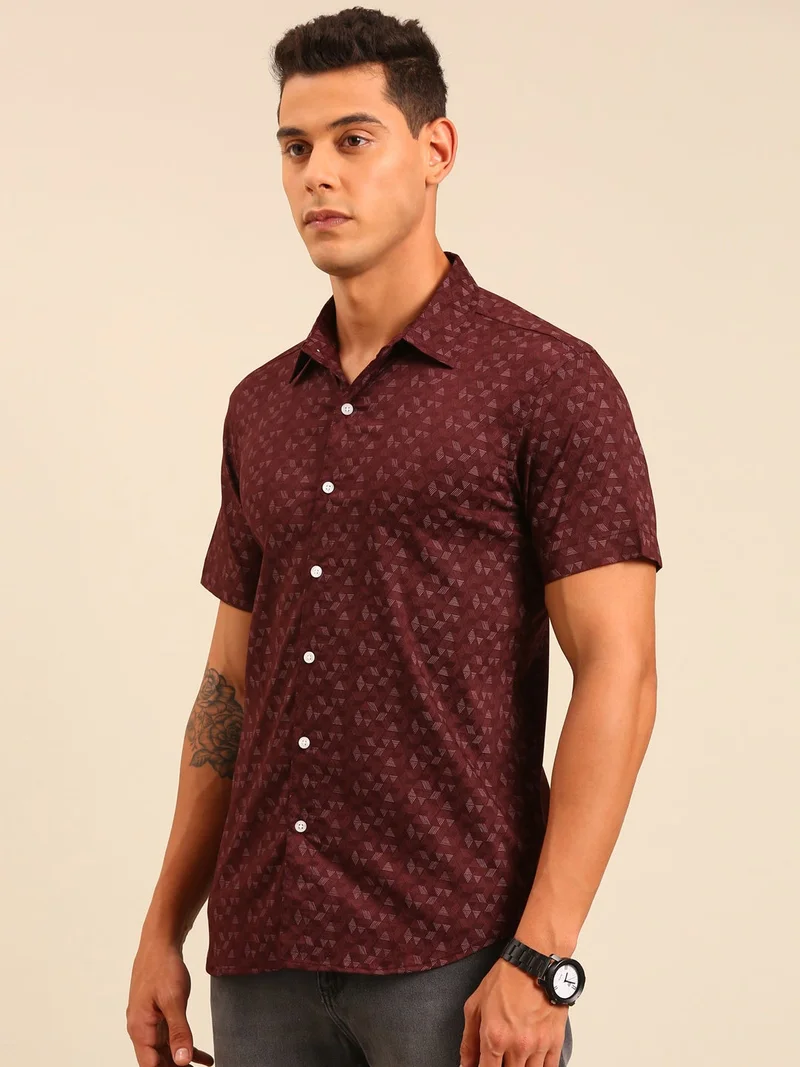 Joven Maroon Printed Cotton Shirt for Men
