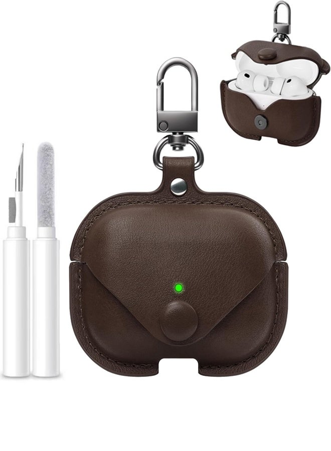 for Airpods Pro 3 Case Leather, Magnetic Automatic Lock for Airpods Pro 3 Case with Keychain & Cleaner Kit, Full Protective Leather Case Cover for Airpods Pro 3, Men Women (Dark Brown) - Image 1
