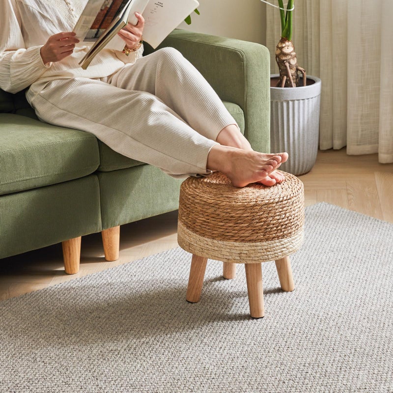YMYNY Foot Stool Natural Seagrass Hand Weave, 12.6" Small Ottoman, Round Footrest for Living Room, Bedroom, Entryway, Change Shoes Stool, Non-Skid Wood Legs, Boho, Natural+White, UHBD027W - Image 5