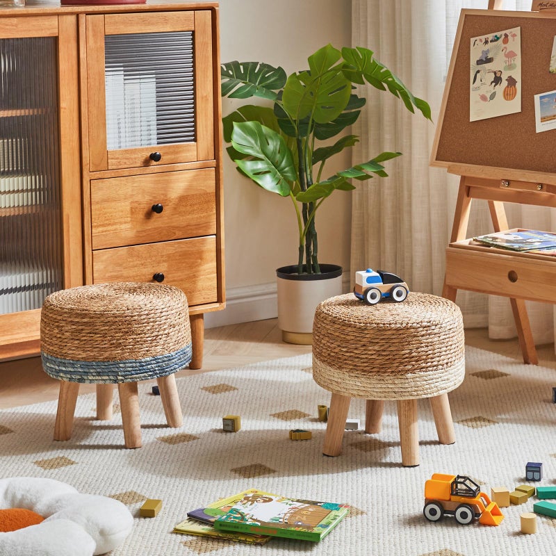 YMYNY Foot Stool Natural Seagrass Hand Weave, 12.6" Small Ottoman, Round Footrest for Living Room, Bedroom, Entryway, Change Shoes Stool, Non-Skid Wood Legs, Boho, Natural+White, UHBD027W - Image 3