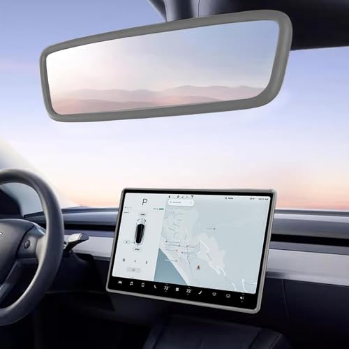 TSTESE 2PCS Protector Trim Frame Compatible with Tesla Model 3 Y 20202024 2025 2026 Screen Edge Frame Rearview Mirror Cover Interior Decorations Center Console Decor Highland Juniper Accessories Set Gray - Image 1
